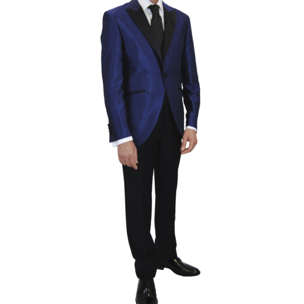 traje de novio, chaqueta azul y pantalón negro